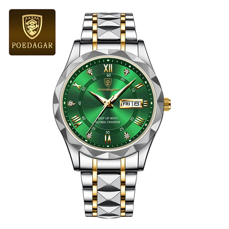 Poedagar PO615 Men Luxury Stainless Steel Luminous Quartz Wristwatch (Green)